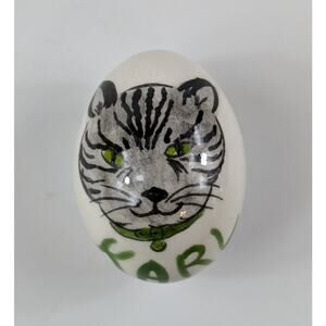 Vintage Handpainted Easter Egg Ceramic Karl Gray Cat OOAK Signed Shelf Decor